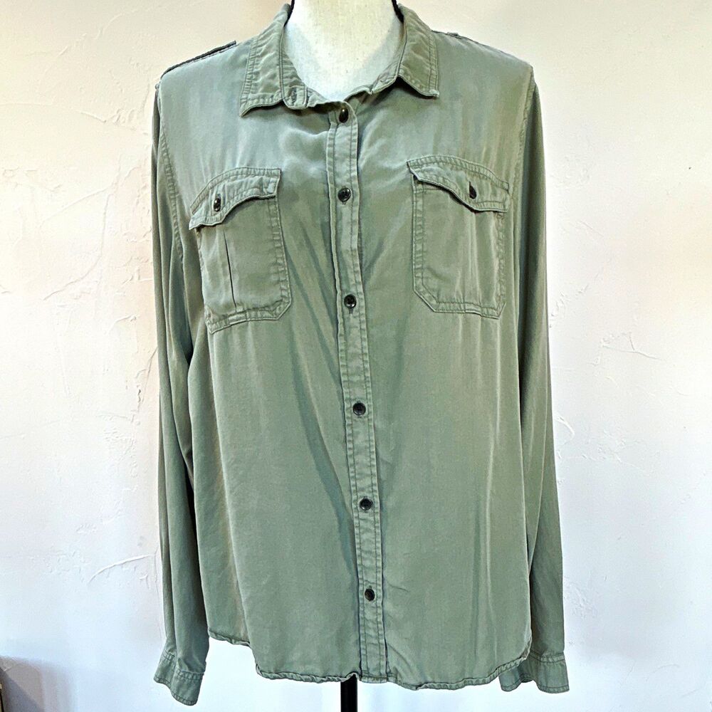 Universal Thread Army Green Solid Collared Button-Up Shirt Lyocell Twill XL